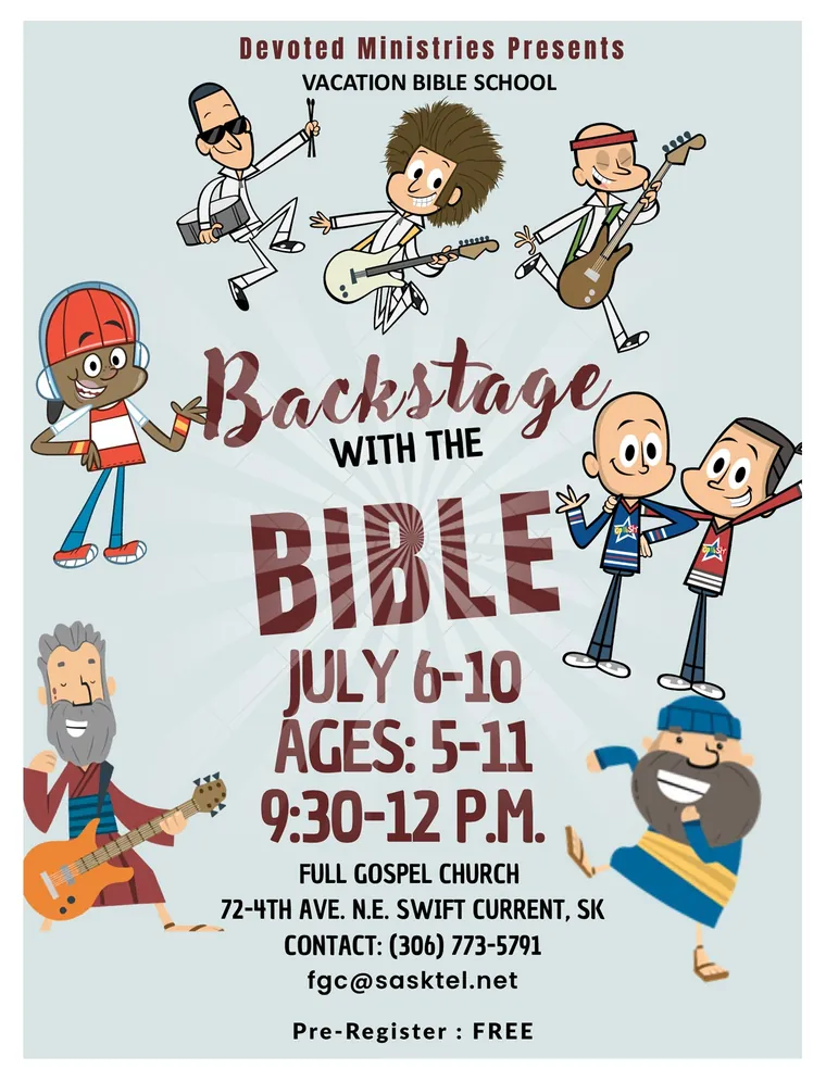 Backstage with the Bible Vacation Bible School flyer with July 6-10 dates, ages 5-11, 9:30 to 12 PM, Full Gospel Church, and contact information